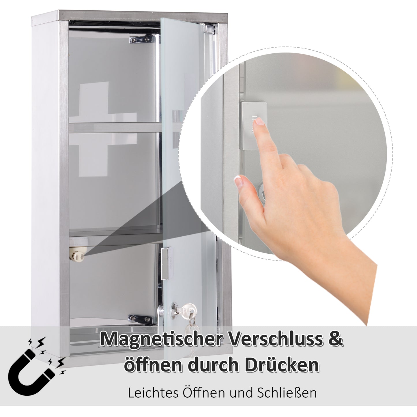 HOMCOM Medizinschrank aus Edelstahl Arzneischrank zur Medikamenten-Aufbewahrung, Abschließbar Medikamentenschrank mit 3 Fächer, Glastür 25 x 12 x 48 cm, Silber