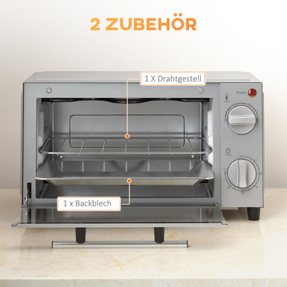 HOMCOM Minibackofen, 9 L Mini-Ofen mit Backblech, Grillrost, mit einstellbarer Temperatur und Garzeit, Edelstahl, Silber