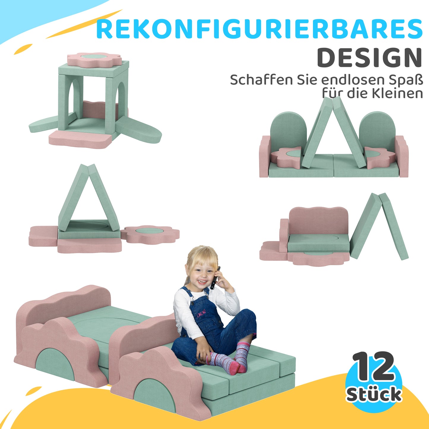 AIYAPLAY 12-teiliges Set Schaumstoffblöcke zum Klettern, Bauen, Krabbeln, Indoor-Spielmatten mit Cordbezug, Grün+Rosa