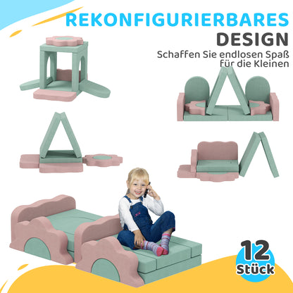 AIYAPLAY 12-teiliges Set Schaumstoffblöcke zum Klettern, Bauen, Krabbeln, Indoor-Spielmatten mit Cordbezug, Grün+Rosa