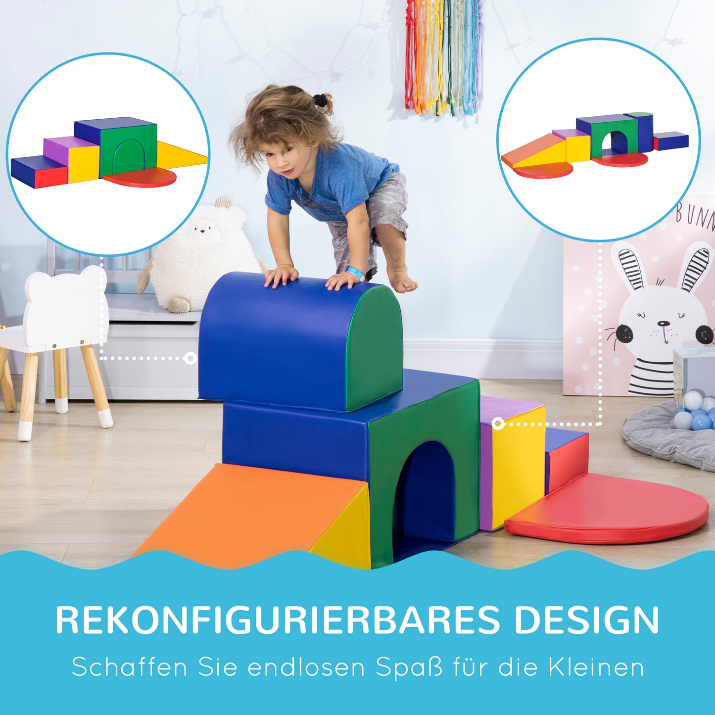 HOMCOM Saftbaustein-Set für Kinder, Schaumstoffblöcke, Quadrat, Treppe, Rampe, Kunstleder, Mehrfarbig