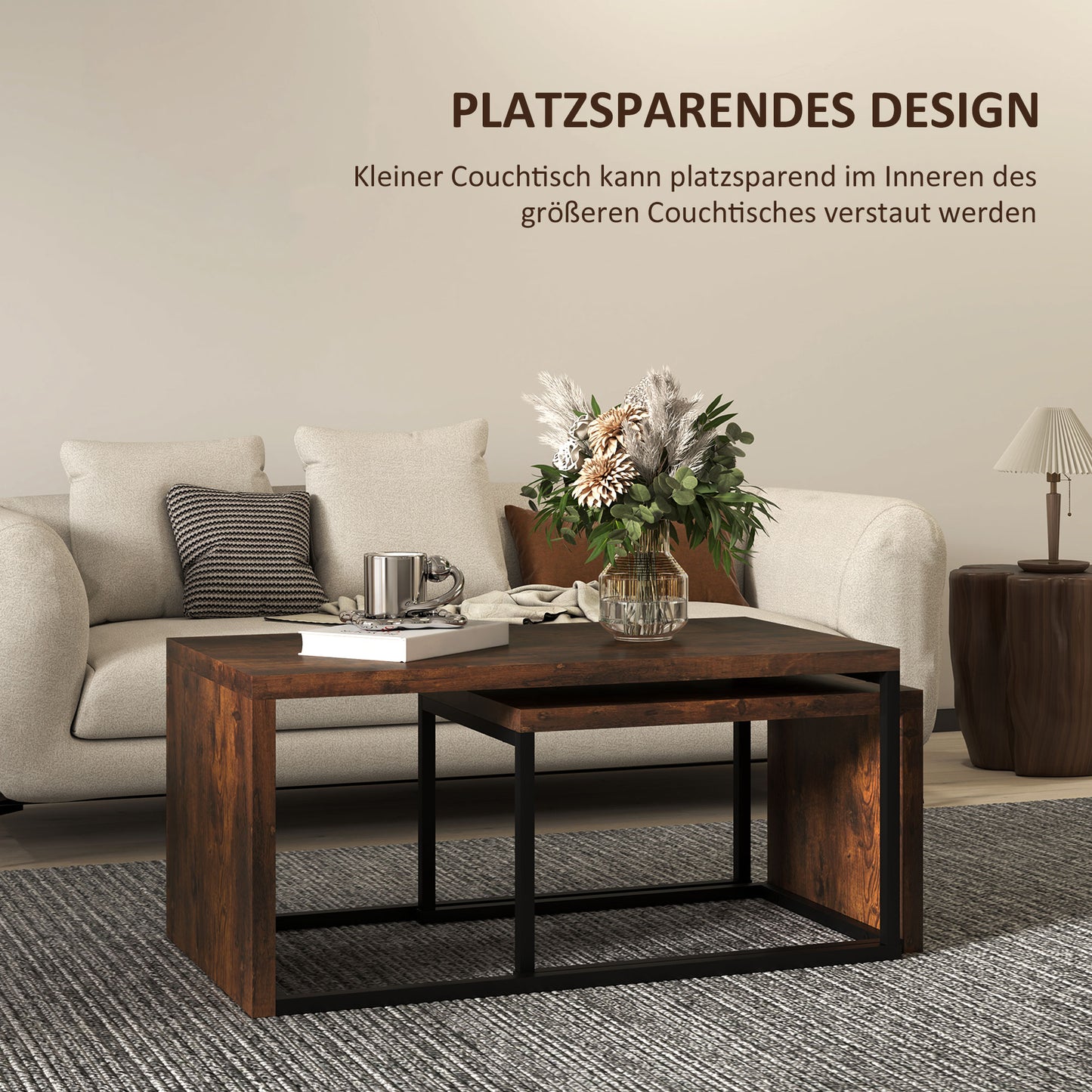 HOMCOM 2er-Set Couchtisch, Sofatisch, Beistelltisch, MDF, Metall, 90 x 48 x 42 cm/59 x 42 x 36 cm, Schwarz+Braun