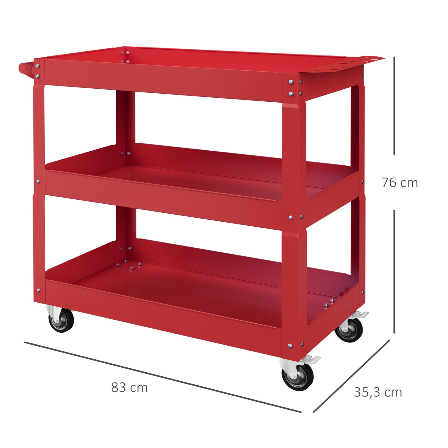 DURHAND 3-stufiger Werkzeugwagen, 4 Rollen, Stahl, 83B x 35,3T x 76H cm, Rot