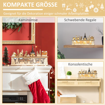 HOMCOM Weihnachtsdekoration, Weihnachtsdorf, 10 LEDs, warmweißes Licht, 45 x 10 x 25 cm, Holzdekor