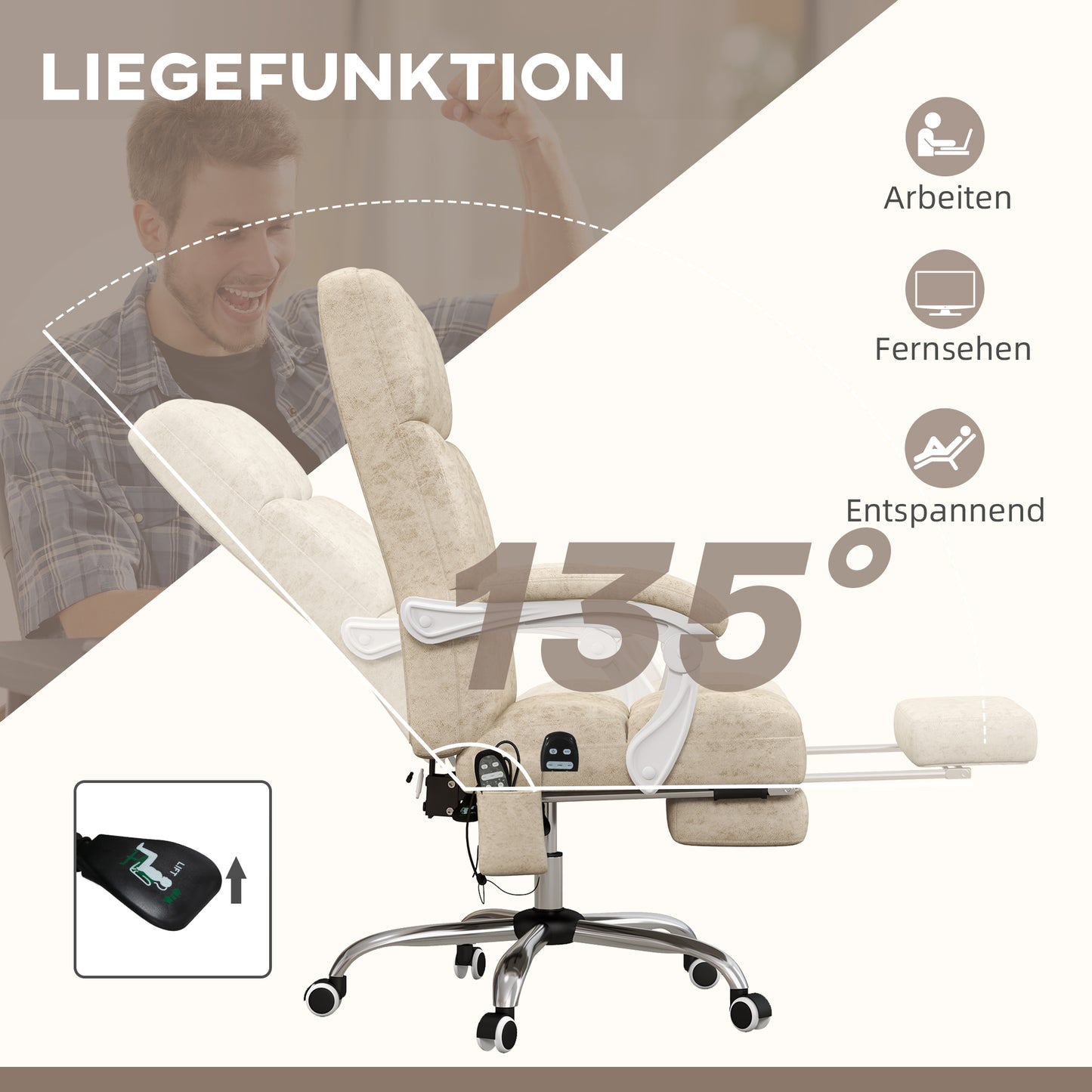 Vinsetto Bürostuhl mit Massage- & Wärmefunktion, Fußstütze, verstellbar, bis 120kg, Beige