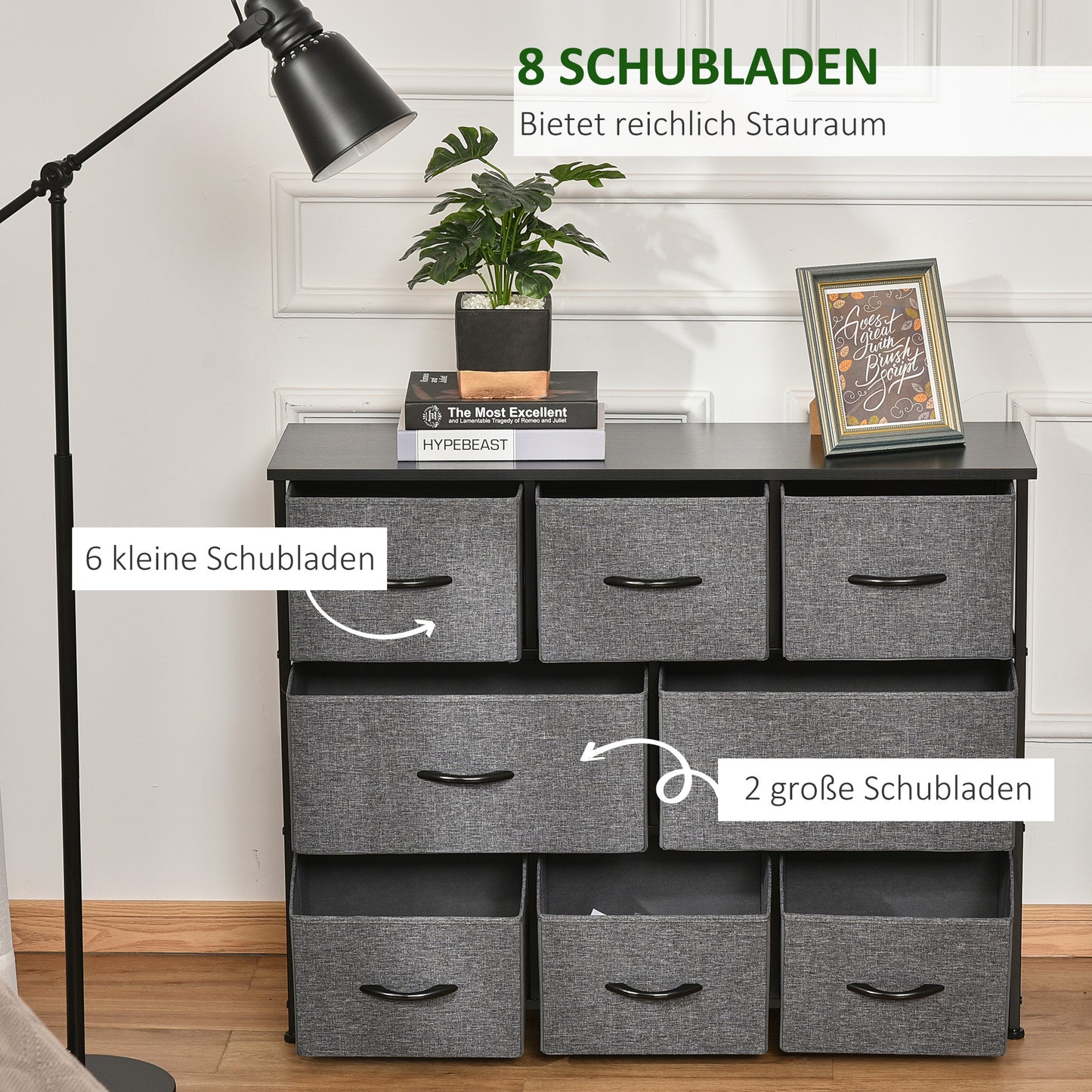HOMCOM Kommode mit 8 Stoffschubladen, 2 große, 6 kleine, Metallrahmen, Kippschutz, Grau