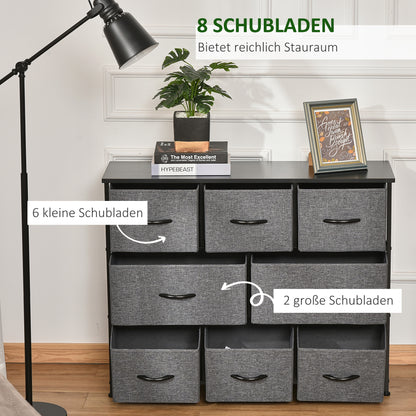 HOMCOM Kommode mit 8 Stoffschubladen, 2 große, 6 kleine, Metallrahmen, Kippschutz, Grau