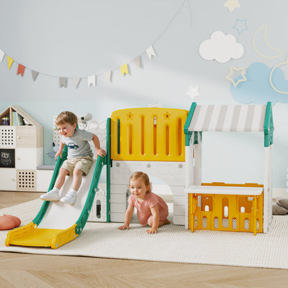 AIYAPLAY 7-in-1 Kinderrutsche, Indoor-Spielplatz, Klettergerüst, Haus, Tafel, Basketballkorb, 1-4 Jahre, Kunststoff, Gelb+Grün