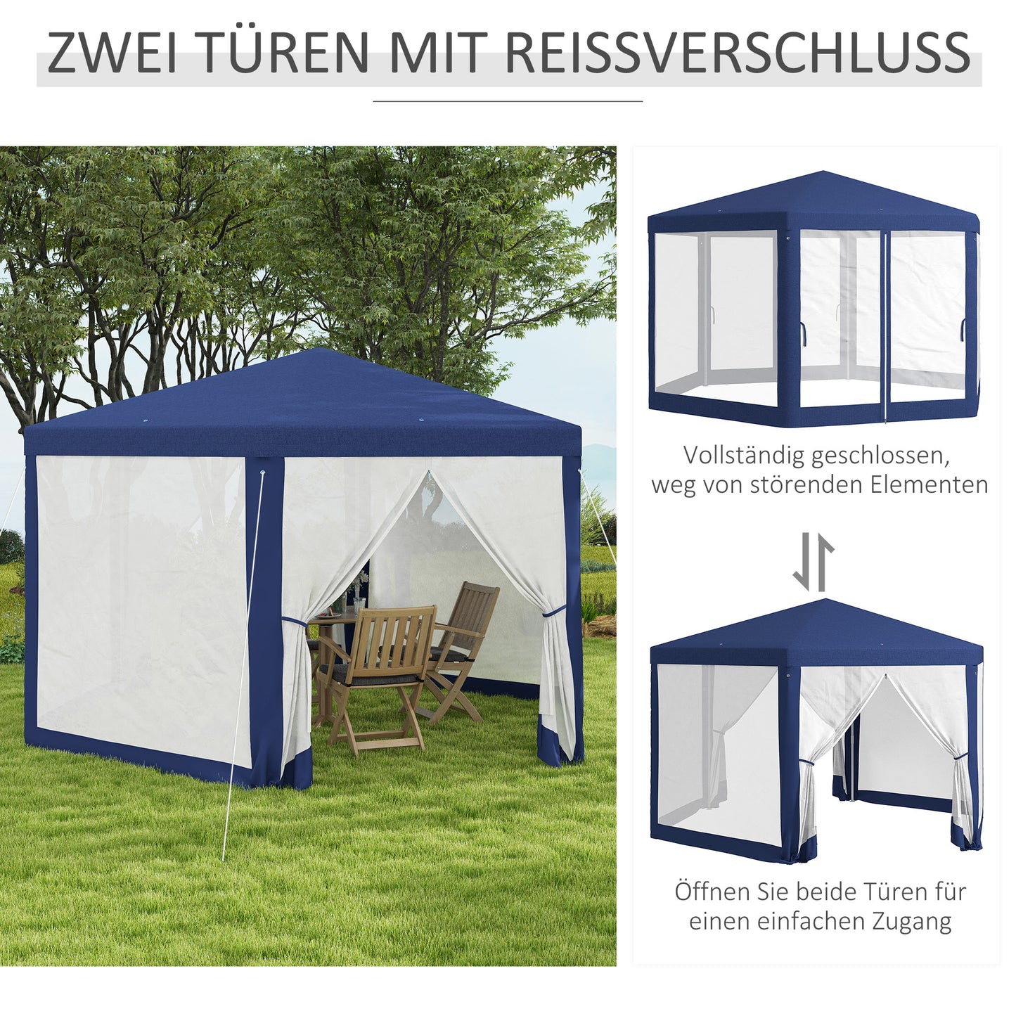 Outsunny Gartenpavillon, 6-eckig, Netzvorhänge, Metallgestell, 3,94x3,412x2,5m, Blau