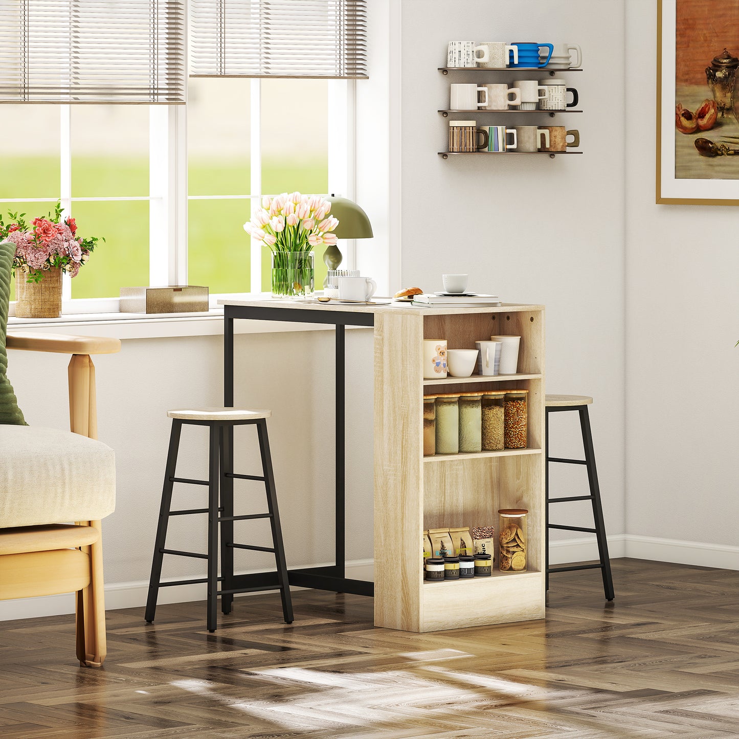 HOMCOM 3-teiliges Bartisch-Set, 1 Tresen, 2 Stühle, mit Stauraum und Fußstützen, platzsparend, Hellbraun+Schwarz