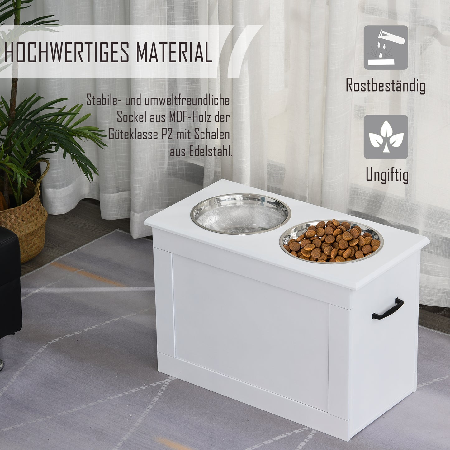 PawHut Erhöhter Hundenapf Futternapf mit Staumraum Wassernapf 2 x 2000ml Edelstahlnäpfen Hundenäpfe Fressnapf Futterstation für Hunde Katzen Weiß