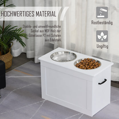 PawHut Erhöhter Hundenapf Futternapf mit Staumraum Wassernapf 2 x 2000ml Edelstahlnäpfen Hundenäpfe Fressnapf Futterstation für Hunde Katzen Weiß