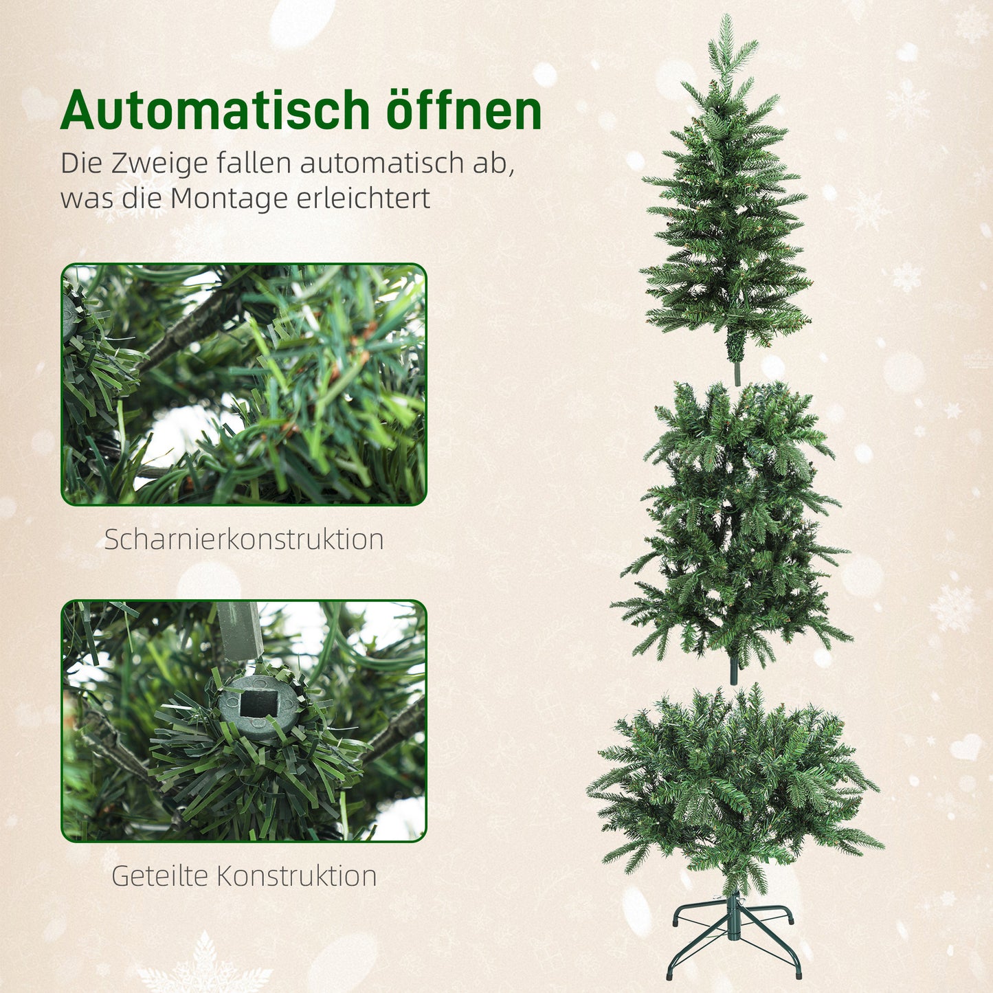 HOMCOM Weihnachtsbaum künstlich 180 cm Christbaum mit 605 dichten Zweigen, 200 warmweiß LED Indoor