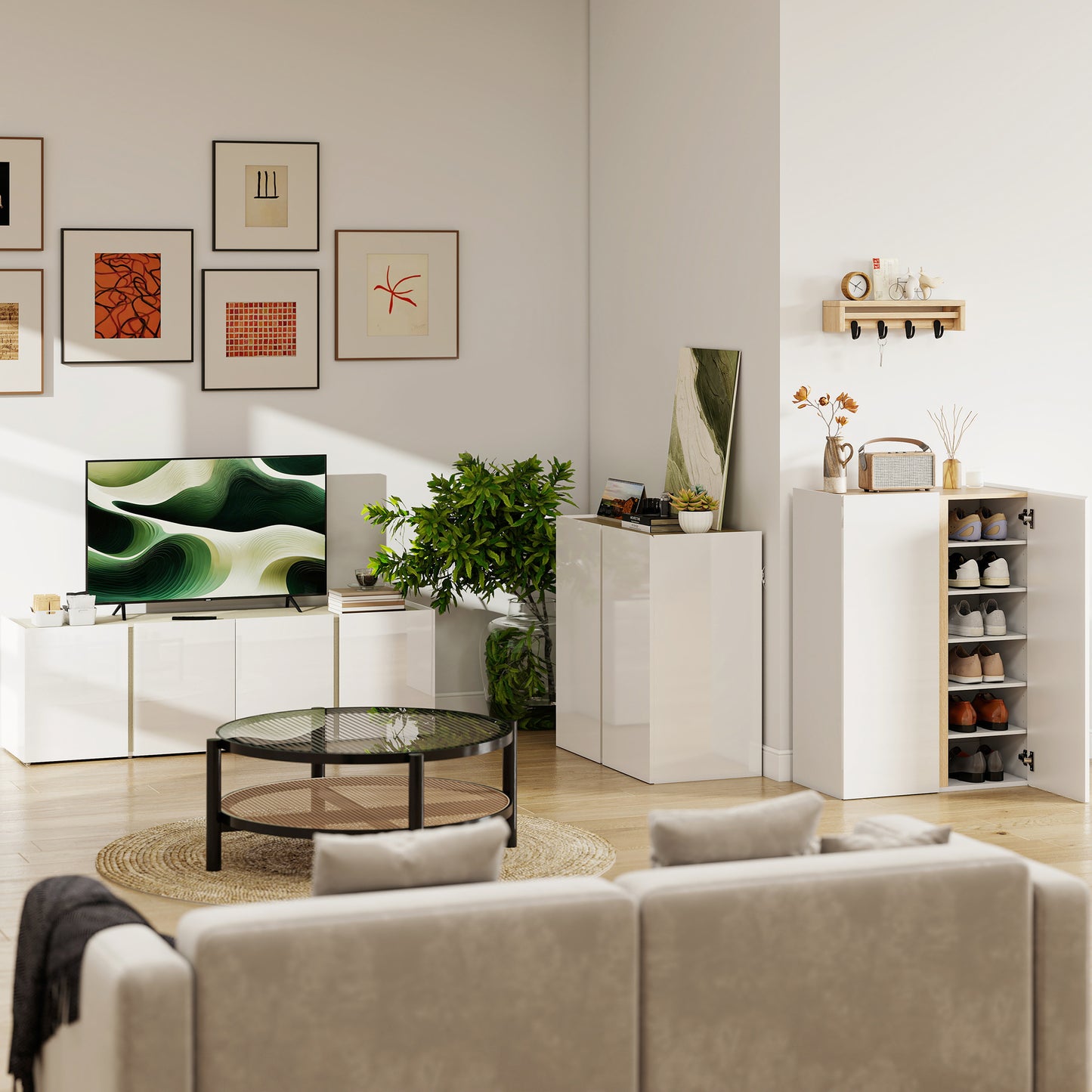 HOMCOM TV-Kommode für 65-Zoll-Fernseher, Fernseh-Schrank mit Soft-Close-Türen, anpassbare Regale, Kabellöcher, für Wohnzimmer, Weiß