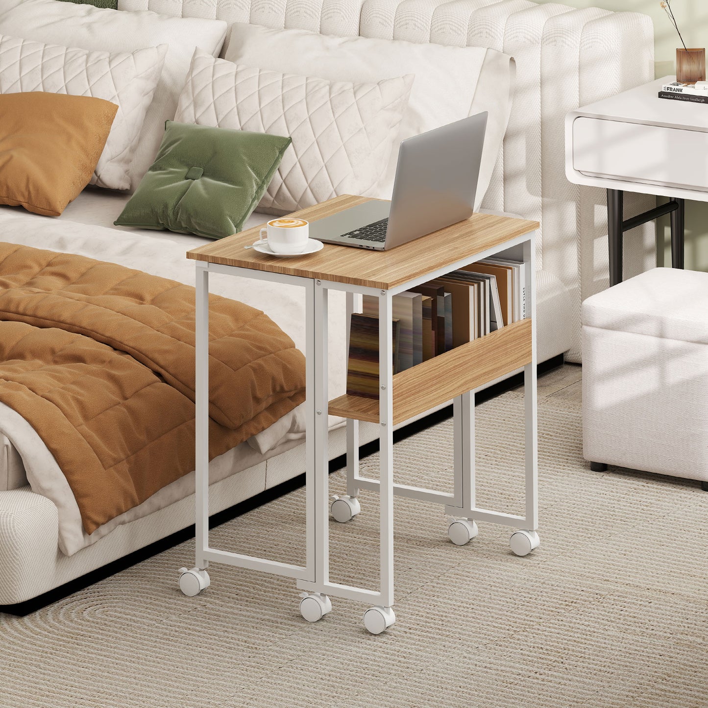 HOMCOM Faltbarer Schreibtisch, zum Beistelltisch umwandelbar, offenes Regal, Natur