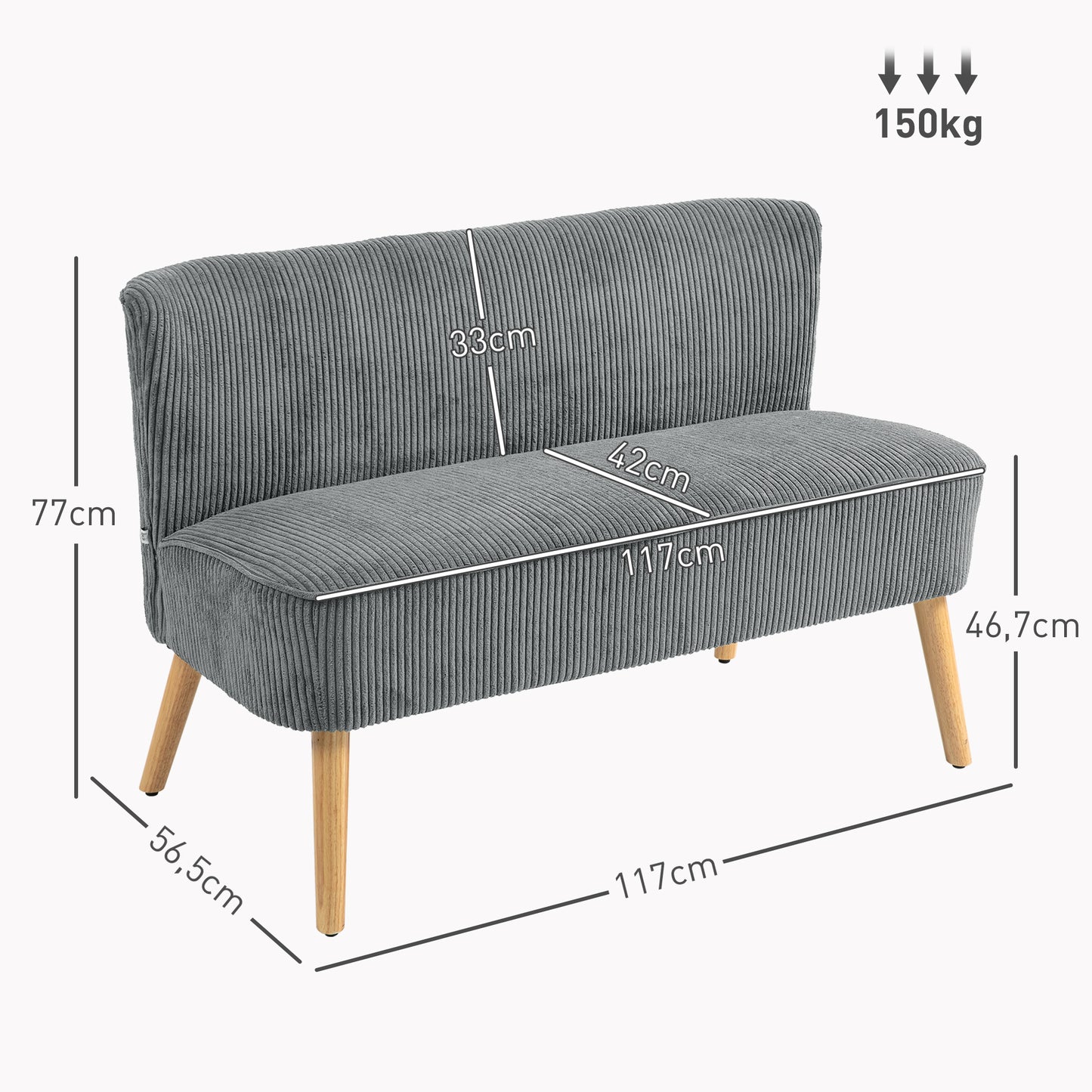 HOMCOM 2-Sitzer Polstersofa, Holz, Samtartiges Polyester, Schaumstoff, 117 x 56,5 x 77 cm, Grau