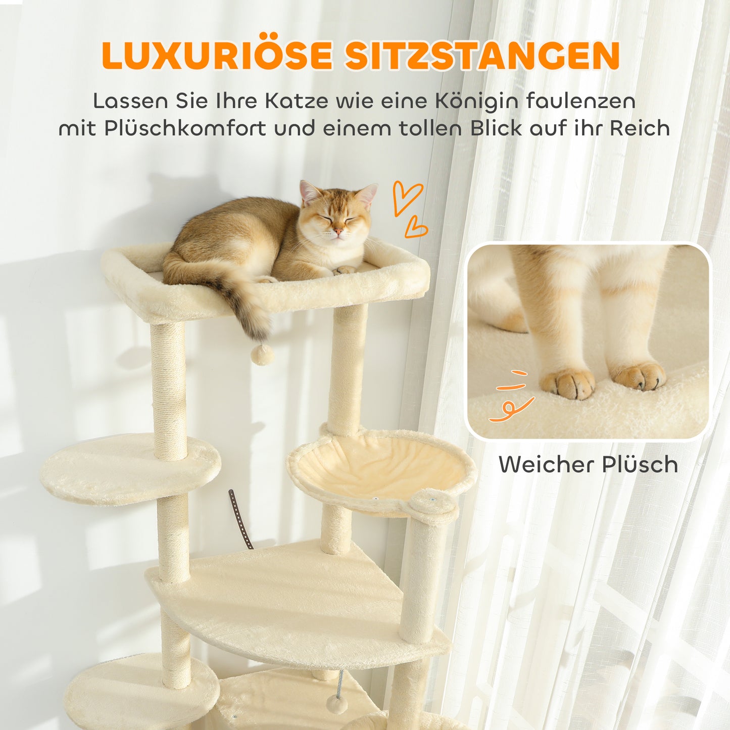 PawHut 2 Meter hoher Kratzbaum für 2-3 Katzen, Kratzpfosten, Höhlen, Hängematte, Verstecke, mehrstöckiges Design, Sisal, Holz, Plüsch, Beige