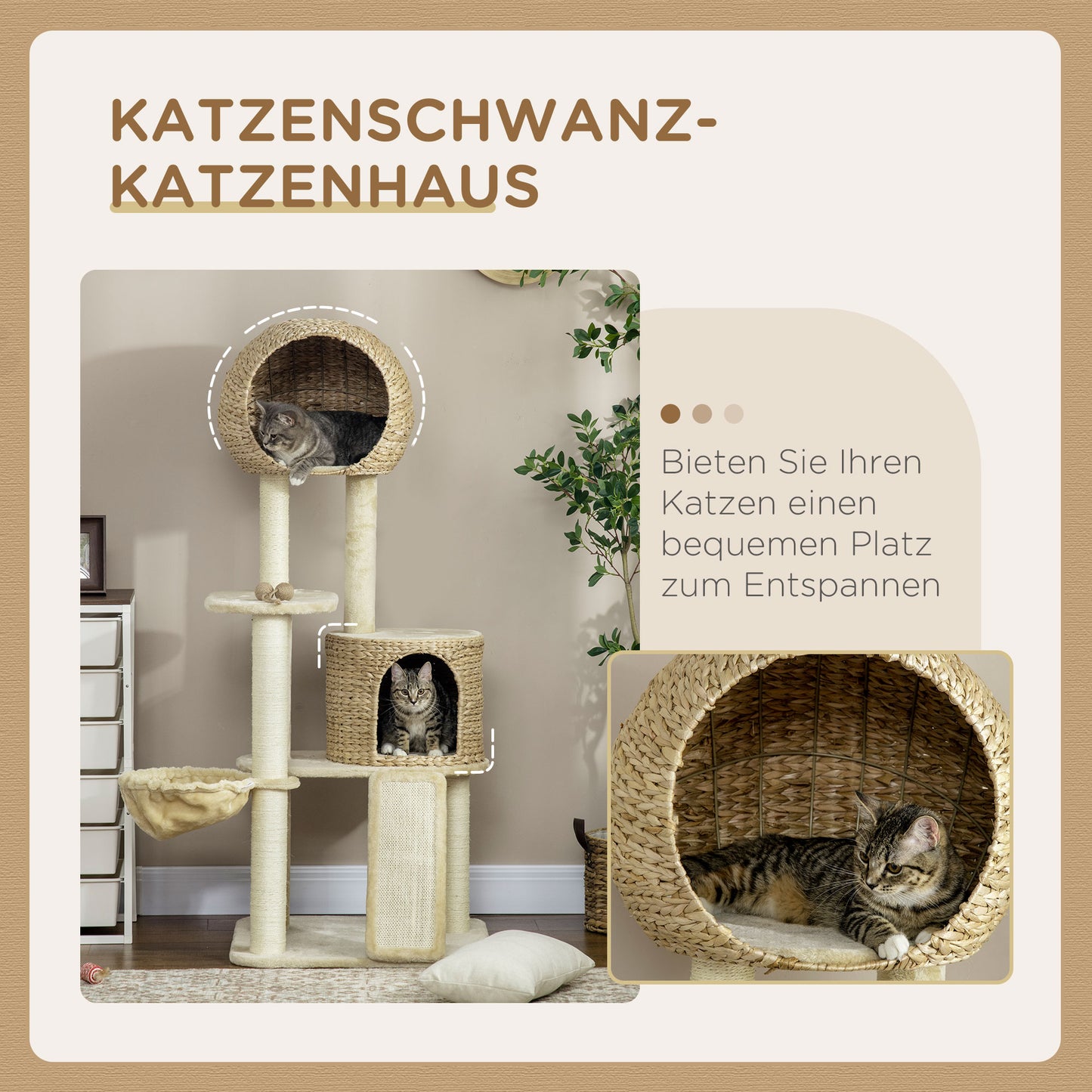 PawHut Kratzbaum, mit Katzenhaus, mehrere Plattformen, Hängematte, Kratzmatte, Kippschutz, beige, 60 x 60 x 150cm
