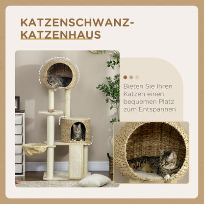 PawHut Kratzbaum, mit Katzenhaus, mehrere Plattformen, Hängematte, Kratzmatte, Kippschutz, beige, 60 x 60 x 150cm