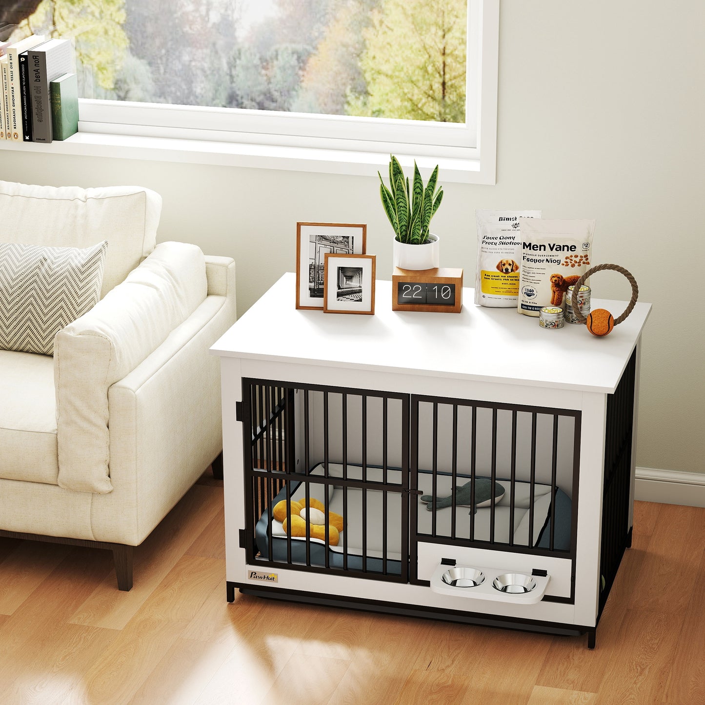 PawHut Große Hundebox, einfacher Zugang, verschließbar, drehbarer Schüsselhalter, för små och stora Hunde, Weiß