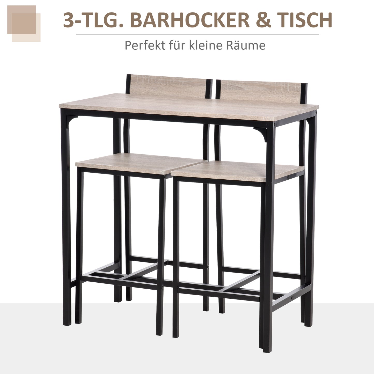 HOMCOM Bartisch Set Bartisch mit Barhocker-Set Esstisch mit 2 Stühlen mit Rückenlehne Küchentisch für Esszimmer, Küche, Natur+Schwarz