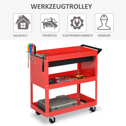 HOMCOM Werkzeugkoffer Werkzeugtrolley Werkzeugbox, 3 Ebenen, 4 Rollen, 82 cm x 35 cm x 76 cm, Rot