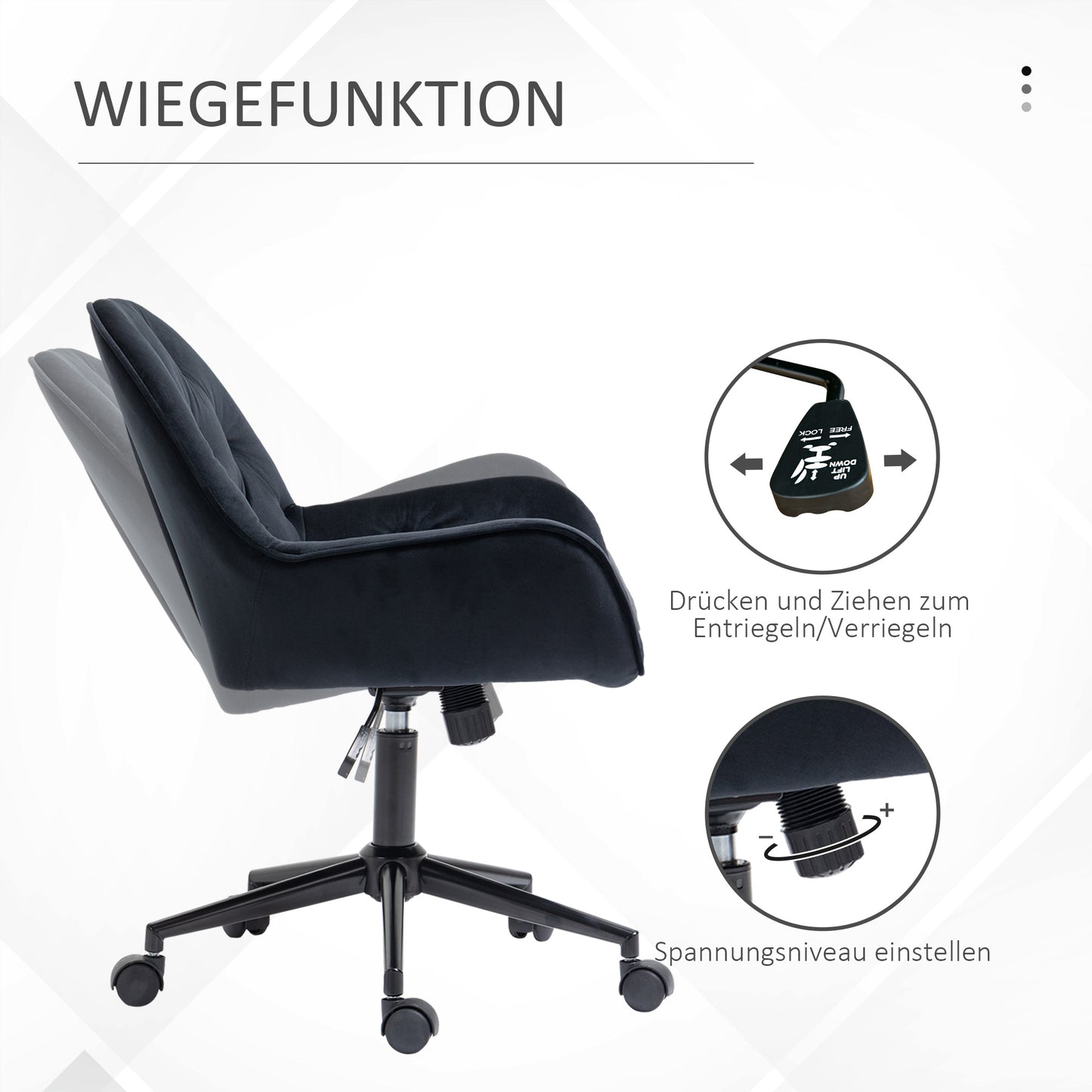 Vinsetto Homeoffice Stuhl Schreibtischstuhl mit Samtoptik höhenverstellbar Drehstuhl Schminkstuhl Bürostuhl bis 120 kg belastbar, für Arbeitszimmer, Schlafzimmer Schwarz
