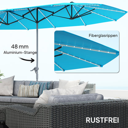 Outsunny Doppelschirm mit Solar-Lichtern, Aluminium, Polyester, UPF50+ Schutz, UV-beständig, Terrassenschirm, Blau