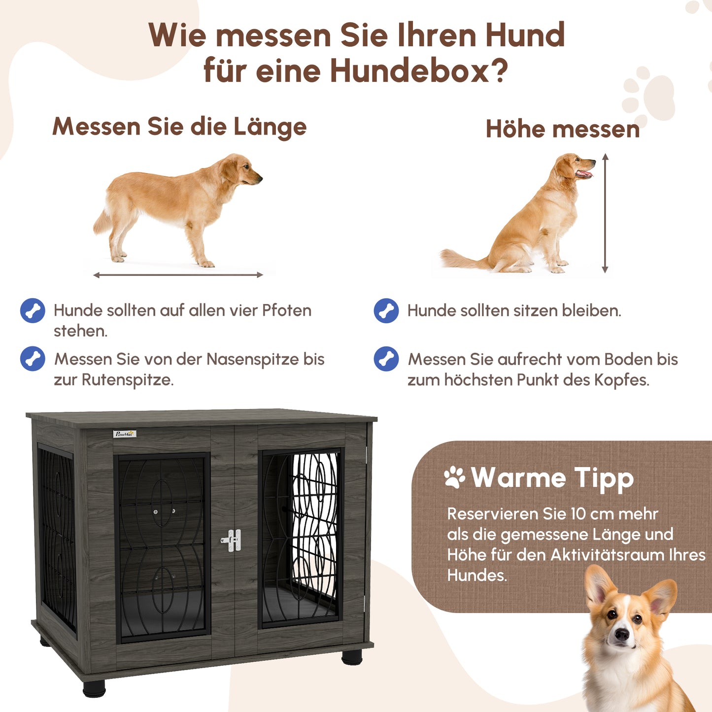 PawHut Hundebox mit Liegekissen, bis 20kg/50cm Körperlänge, Metall, 80x56x63cm, Grau/Holzdekor