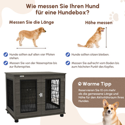 PawHut Hundebox mit Liegekissen, bis 20kg/50cm Körperlänge, Metall, 80x56x63cm, Grau/Holzdekor
