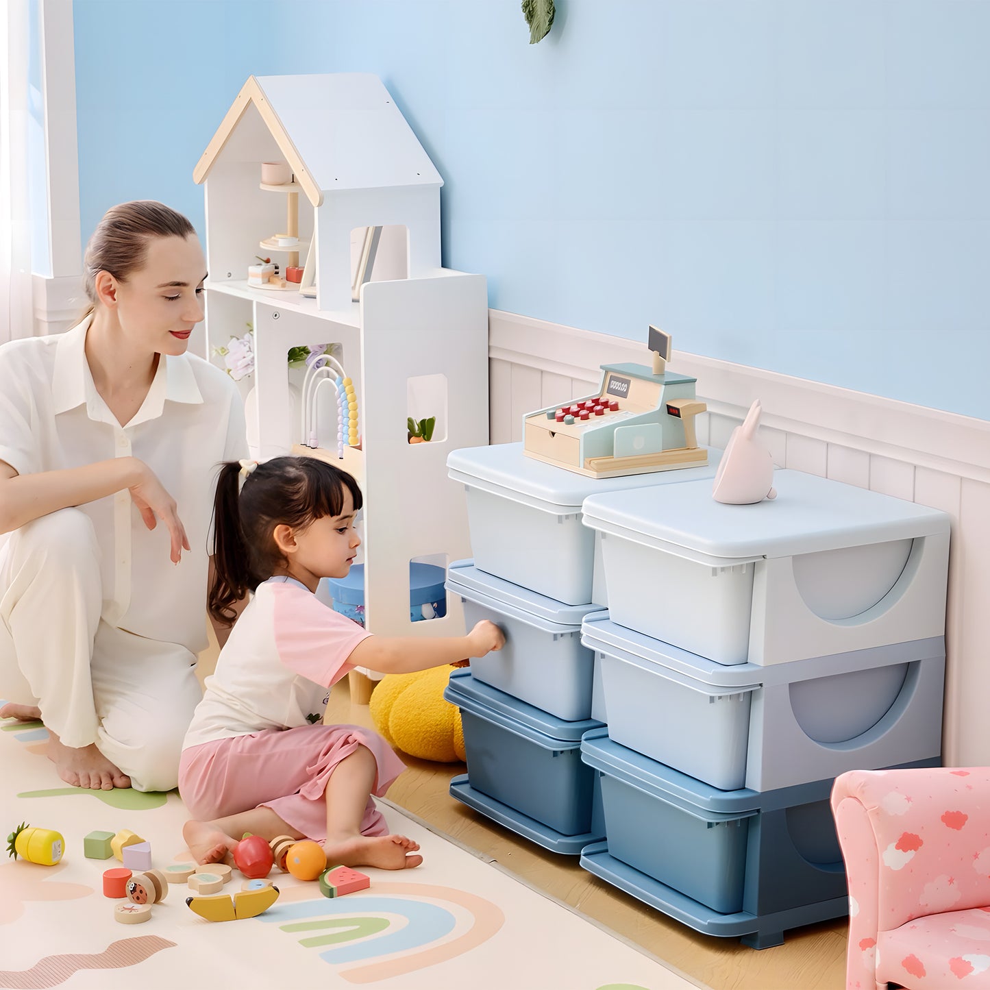 HOMCOM Aufbewahrungsbox für Kinder, Kinder-Aufbewahrungsbox, 3 Schubladen, Blau