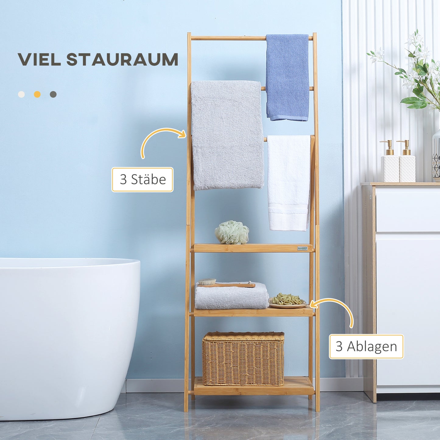 kleankin Handtuchleiter aus Bambus mit Regalen, 3 Regale, 3 Handtuchhalter, klappbar, 53 cm x 30,5 cm x 152 cm, Natur