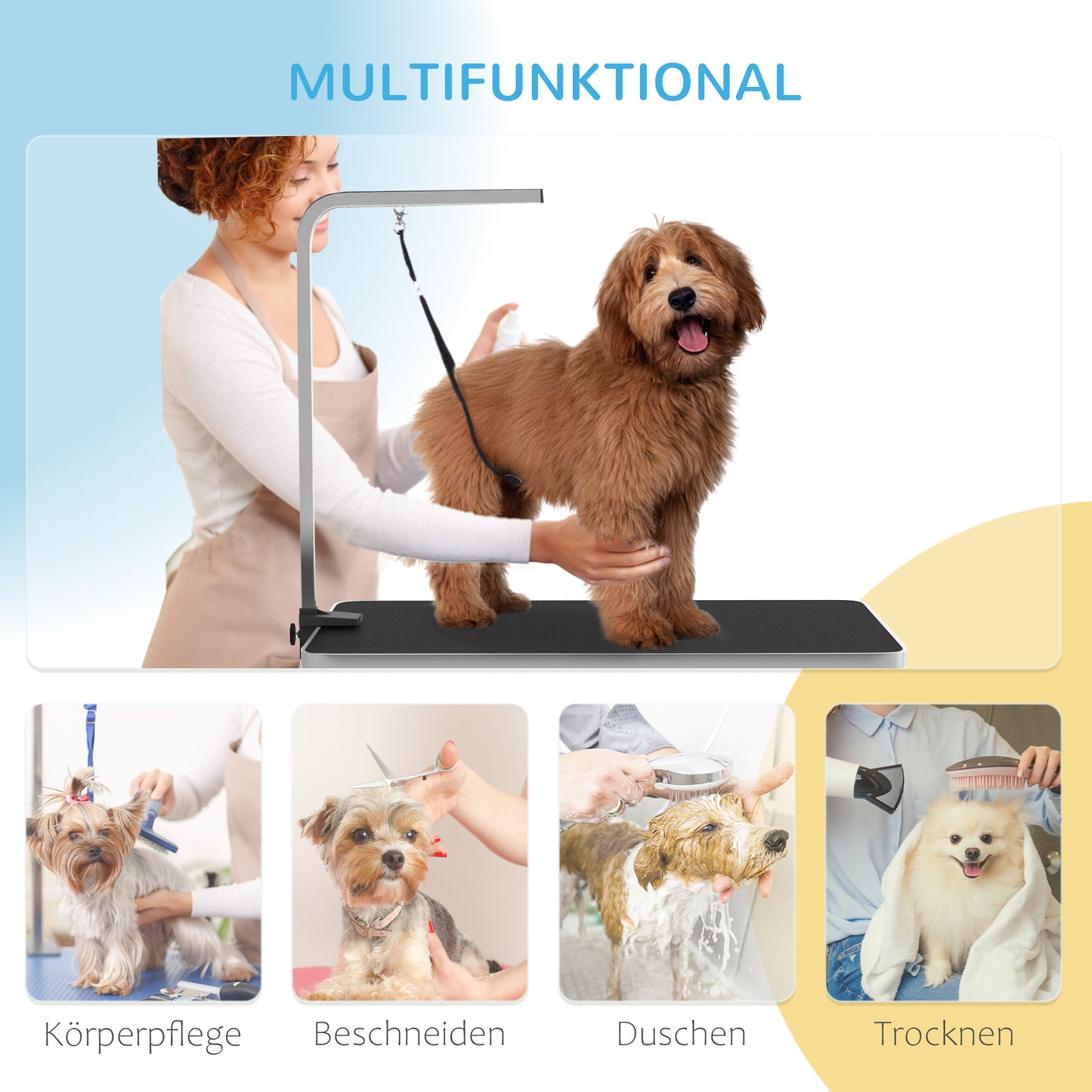 PawHut Hundepflegetisch, Frisiertisch mit einstellbar Arm, Aufbewahrungsfach, Gummioberfläche, 90 x 60 x 76 cm, Schwarz