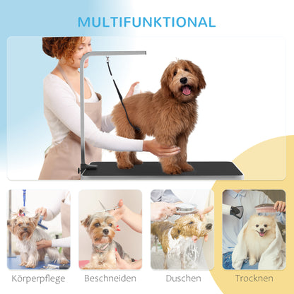 PawHut Hundepflegetisch, Frisiertisch mit einstellbar Arm, Aufbewahrungsfach, Gummioberfläche, 90 x 60 x 76 cm, Schwarz