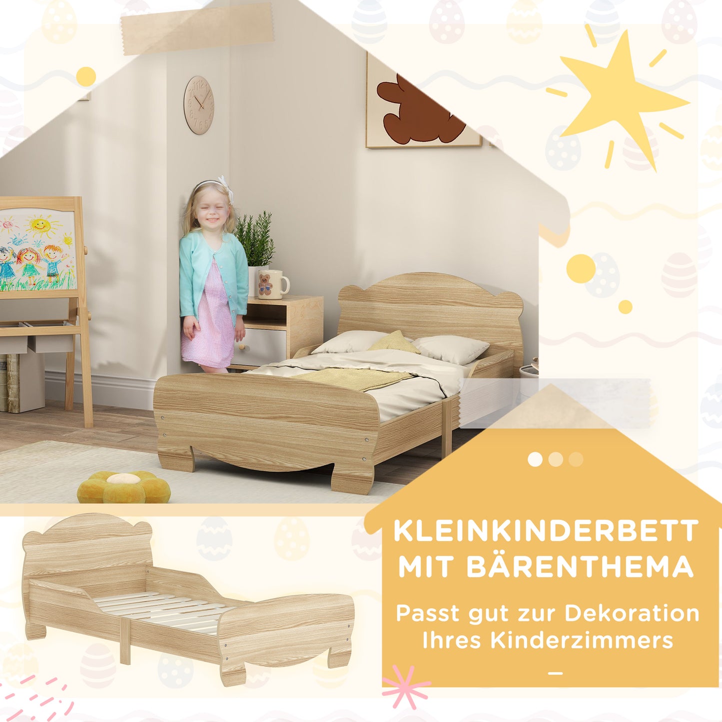 AIYAPLAY Kinderbett Jugendbett Hausbett mit Bären-Design Spielbett für 3-6Jahre Kinder 143,5 x 80 x 55 cm Naturholz