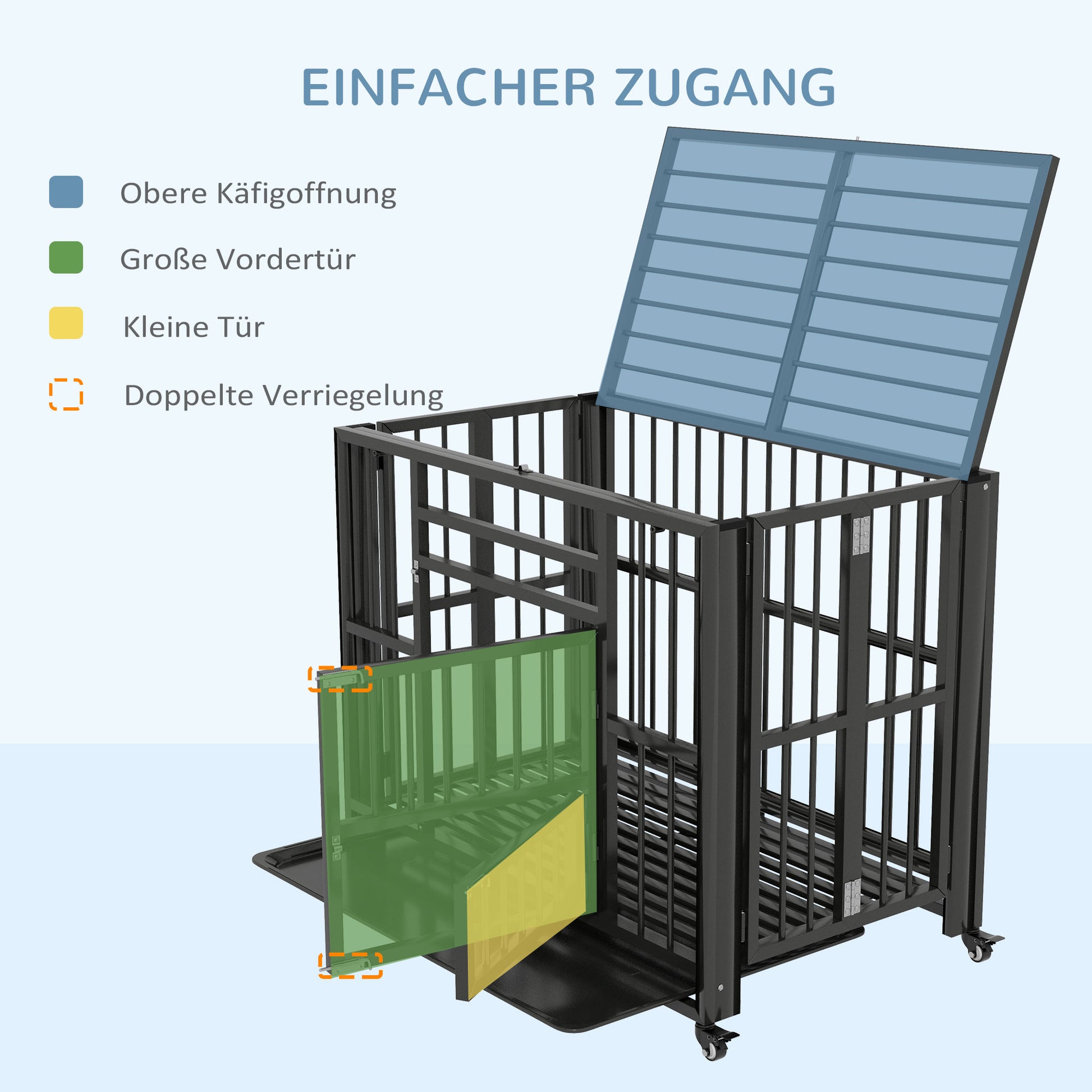 PawHut Hundebox Hundekäfig, inkl. Bodenwanne, Verriegelung, Universalrollen, 94 cm x 58 cm x 78 cm, Schwarz