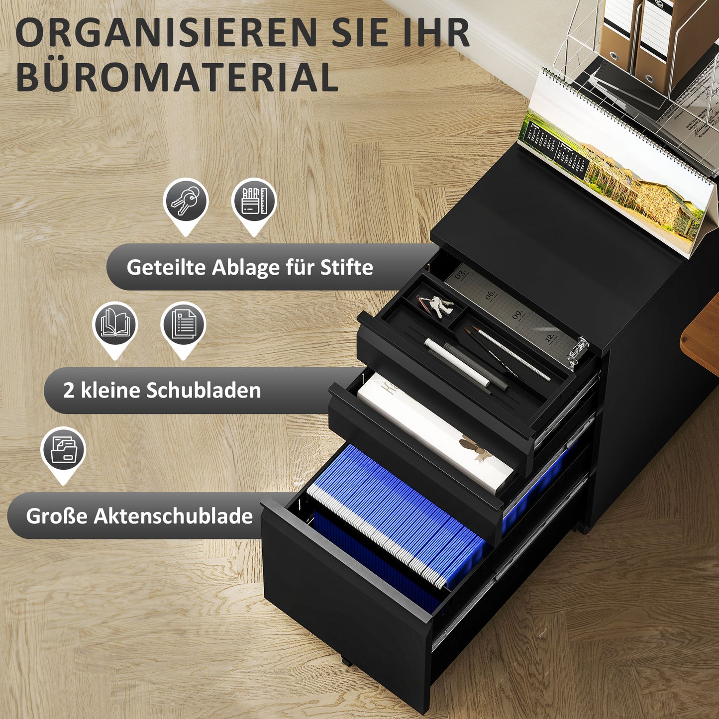 Vinsetto Aktenschrank aus Metall, Büroschrank, 3 Schubladen, rollbar, Schwarz