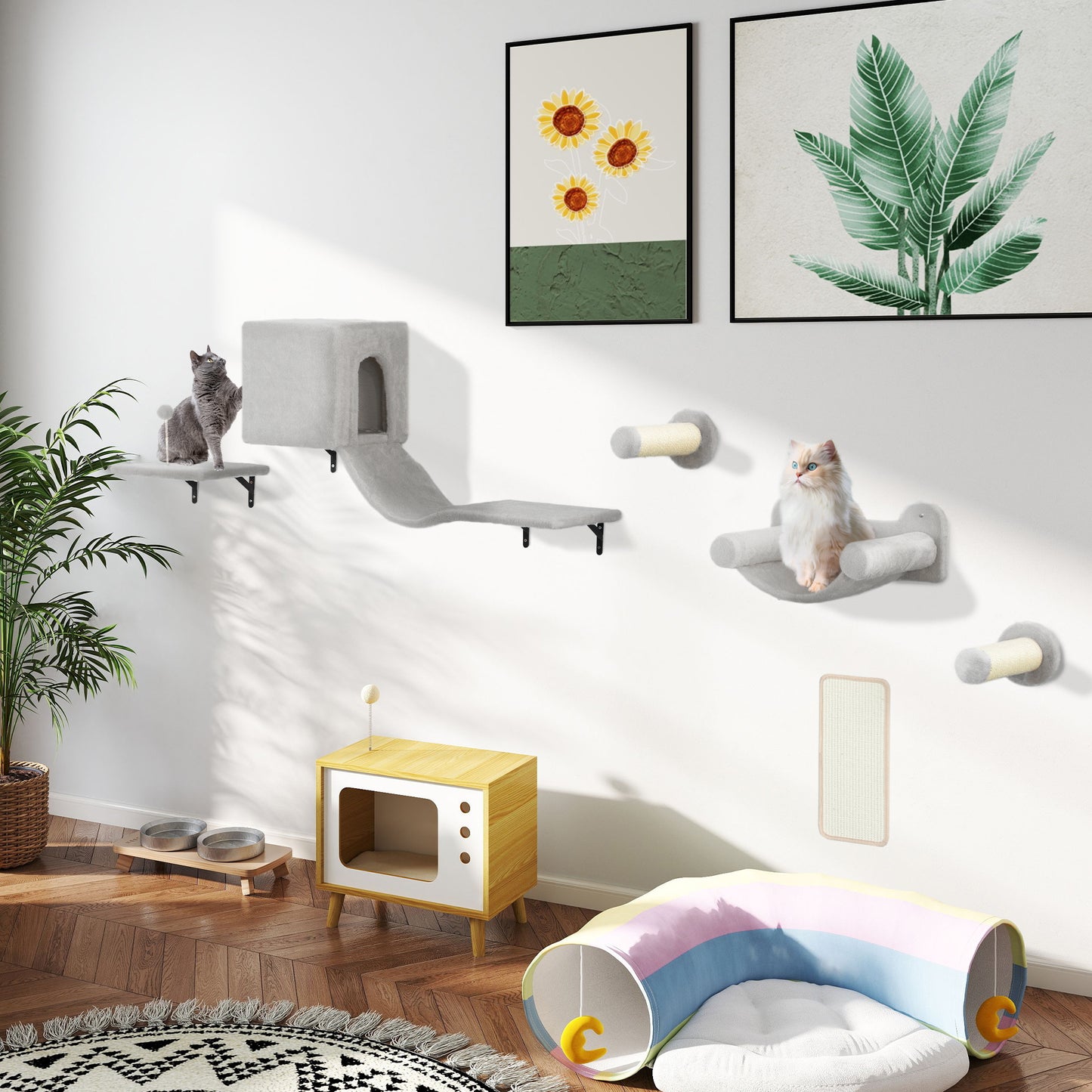 PawHut Kletterwand Katzen 6-teilig Katzen Kletterwand Set mit Katzenhaus, Hängematte, Plattform Kratzbrett Grau