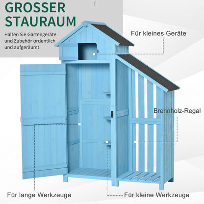 Outsunny Gartenhaus Gerätehaus Geräteschuppen mit Brennholzlagerraum Geräteschuppen mit 3 Ablagen Asphaltdach Tannenholz Himmelblau 130 x 54,5 x 180 cm