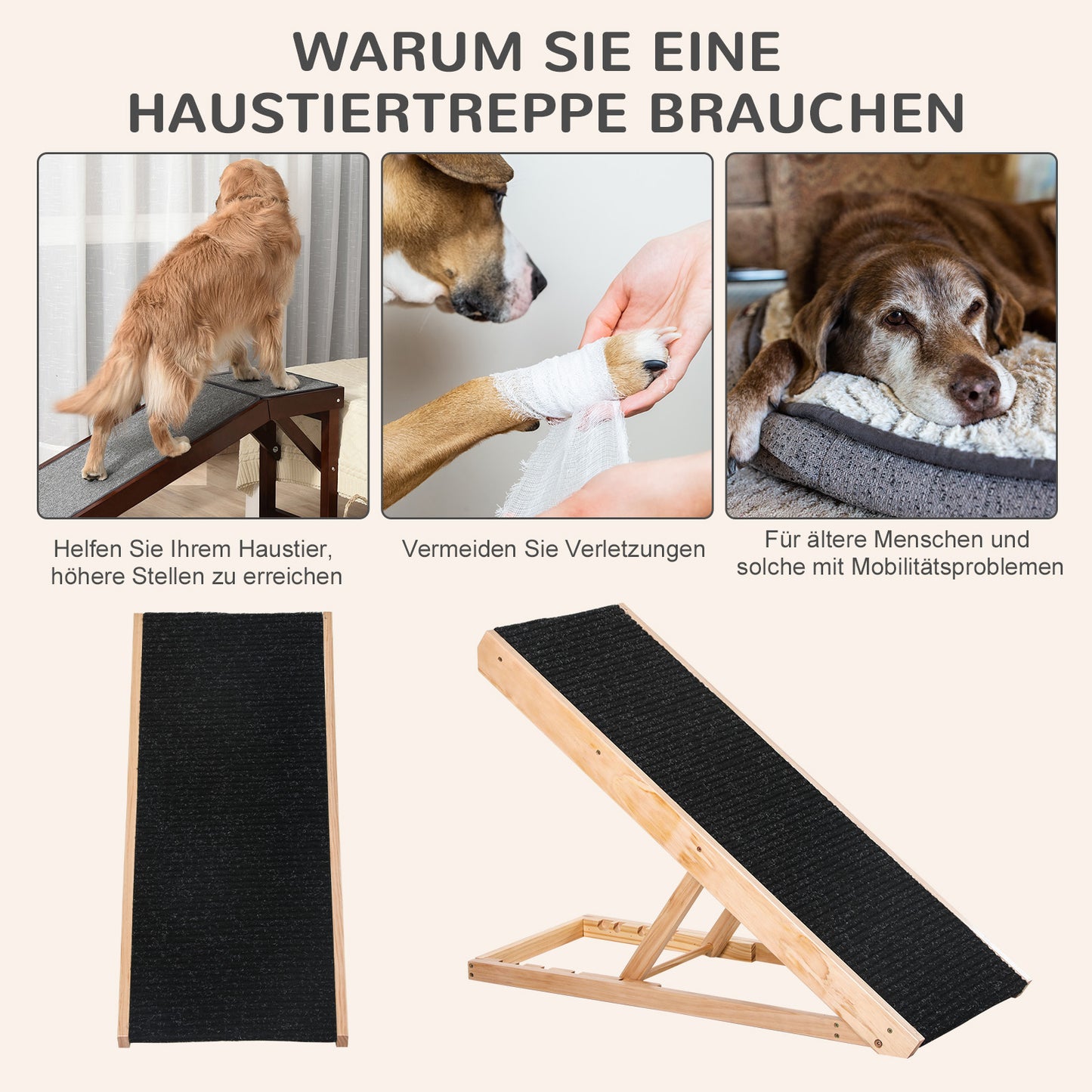 PawHut Haustierrampe mit rutschfestem Teppich verstellbarer Haustierleiter Hunderampe für großen Hund Kiefernholz Polyester Schwarz+Naturholz 90B x 40T x 61H cm