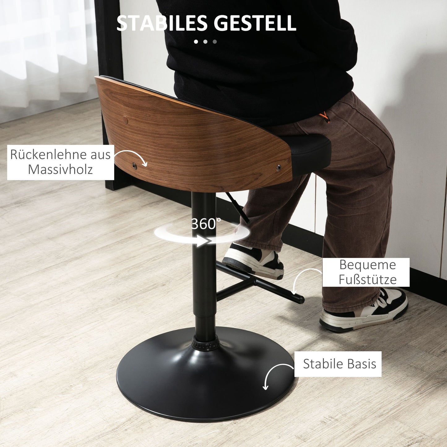 HOMCOM Barhocker 2er Set, Gepolstert Barstuhl aus Stahl und Massivholz, Höhenverstellbar Küchenstühle mit Fußstütze, 360° Drehbar, Tresenhocker für Küche, Wohnzimmer, Esszimmer, Schwarz+Kaffee