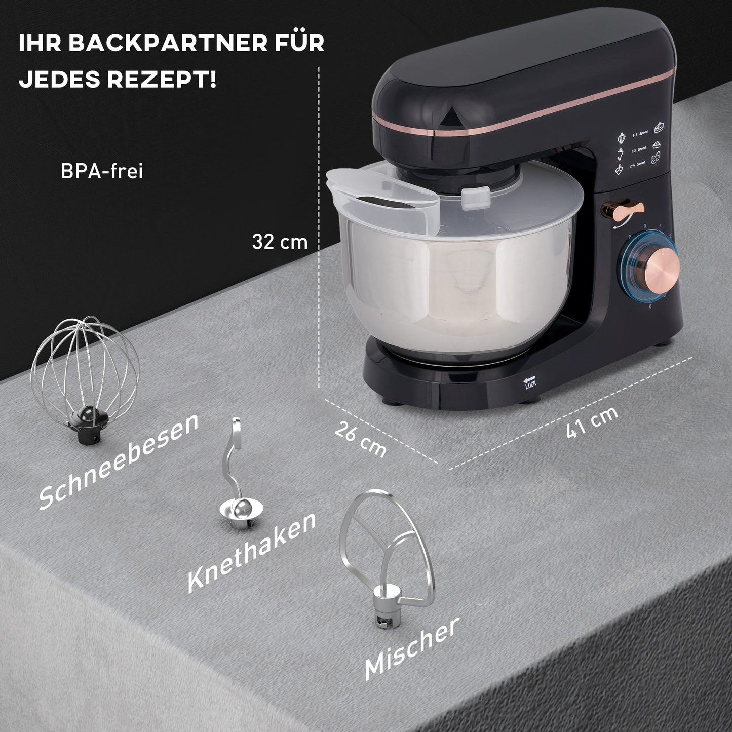 HOMCOM Standmixer, Küchenmaschine, Rührgerät, 6 Stufen, 5,5L Edelstahlschüssel, Schwarz