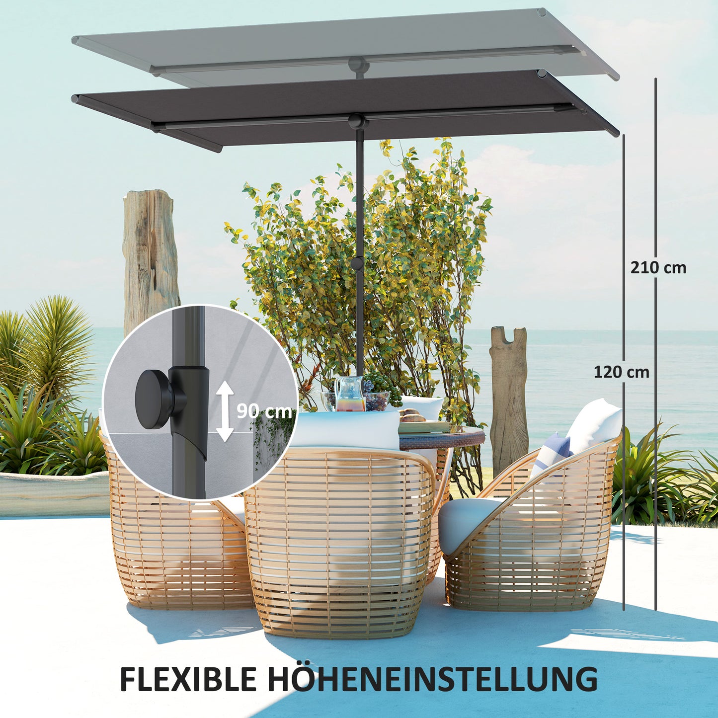 Outsunny Sonnenschirm 180 Grad drehbar Höhenverstellbar Gartenschirm mit Aluminium-Mast 150x205cm Dunkelgrau