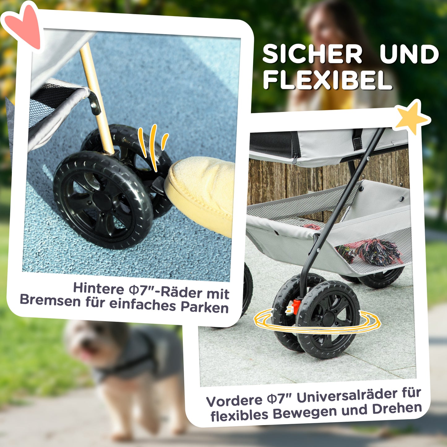PawHut 3-in-1-Haustierkinderwagen, zusammenklappbarer Hundewagen mit 4 Rädern och abnehmbarer Trage für Hunde und Katzen, Grau