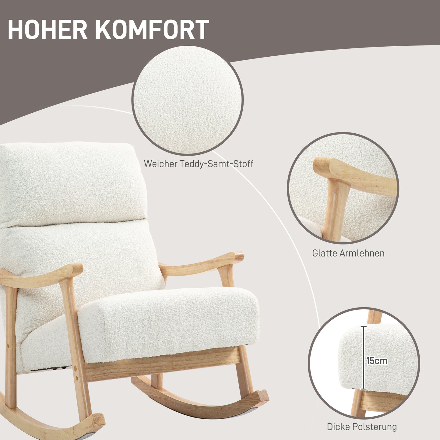 HOMCOM Schaukelstuhl, Stoffbezug in Samtoptik, Ergonomische Rückenlehne, 120 kg Belastbarkeit, 65B x 90T x 98H cm, Cremeweiß