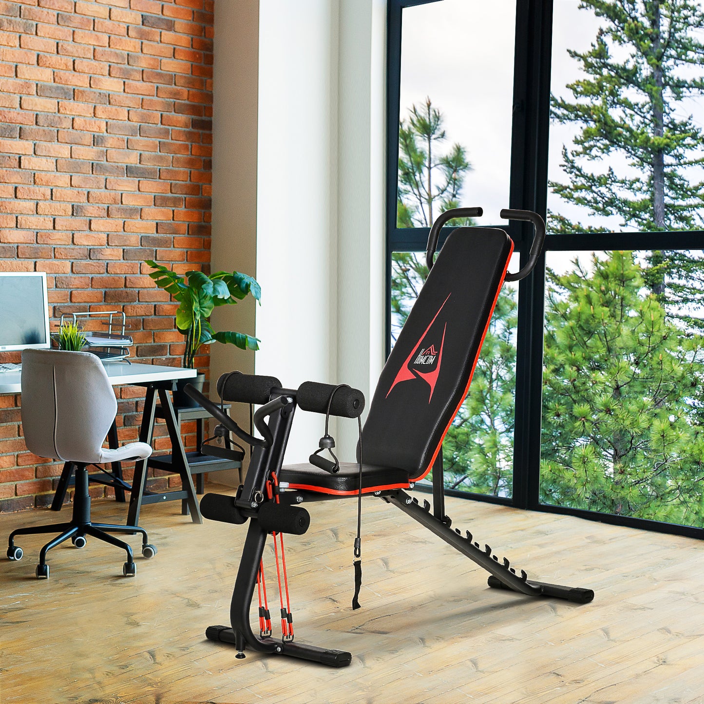 HOMCOM Hantelbank verstellbare Trainingsbank mit elastischer Seils Sit Up-Bank für Heimtraining 6 Stufen Rückenlehne-Gefälle Gewicht bis 150 kg Stahl Kunstleder Schwarz+Rot 145 x 49 x 48-127 cm