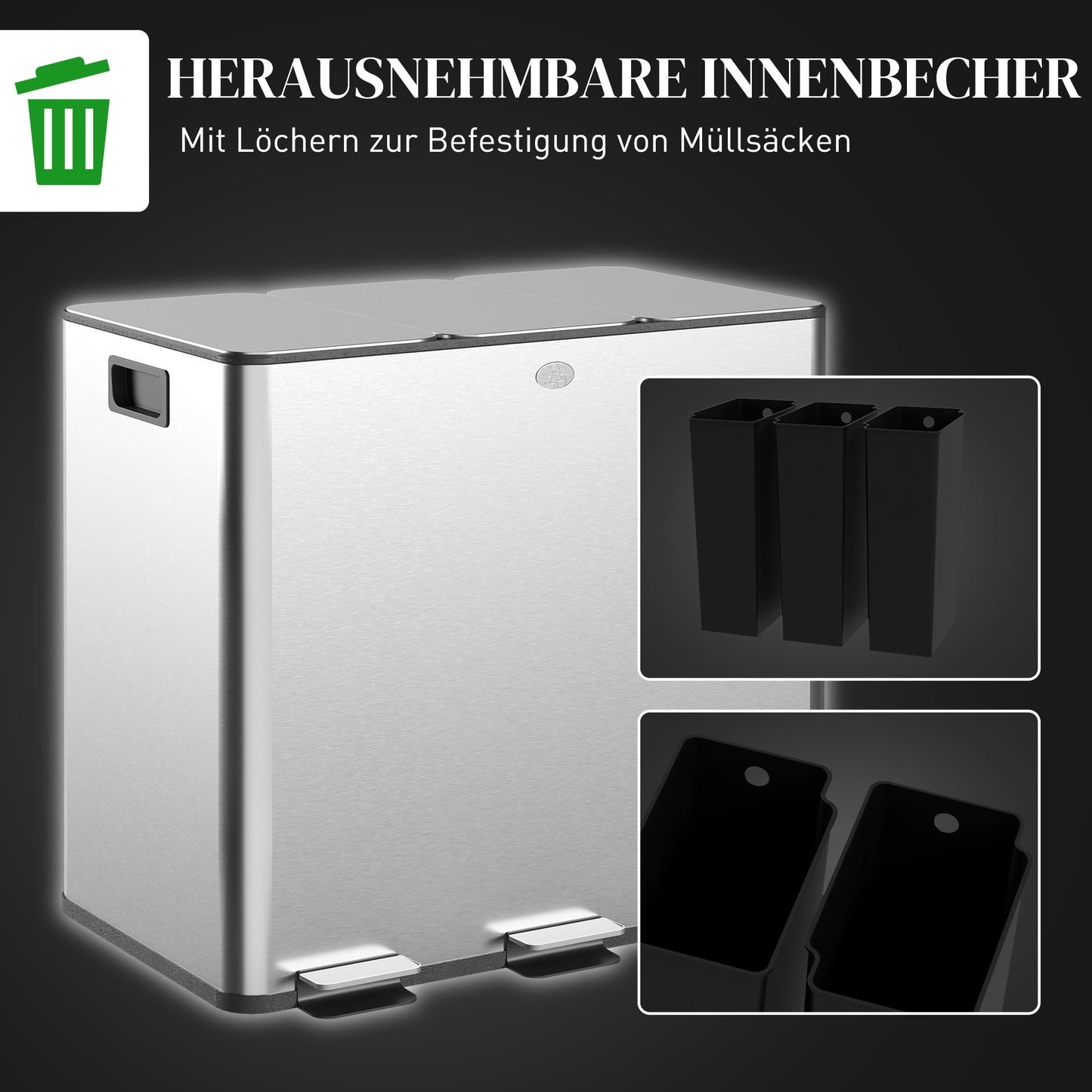 HOMCOM Mülleimer mit 3 x 20 L Fächern, Deodorant-Deckel, fingerabdrucksicher, Soft-Close, herausnehmbar, Silber