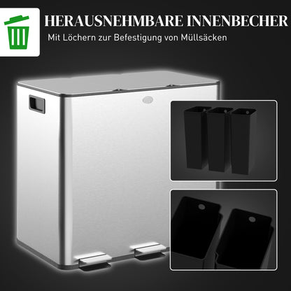HOMCOM Mülleimer mit 3 x 20 L Fächern, Deodorant-Deckel, fingerabdrucksicher, Soft-Close, herausnehmbar, Silber