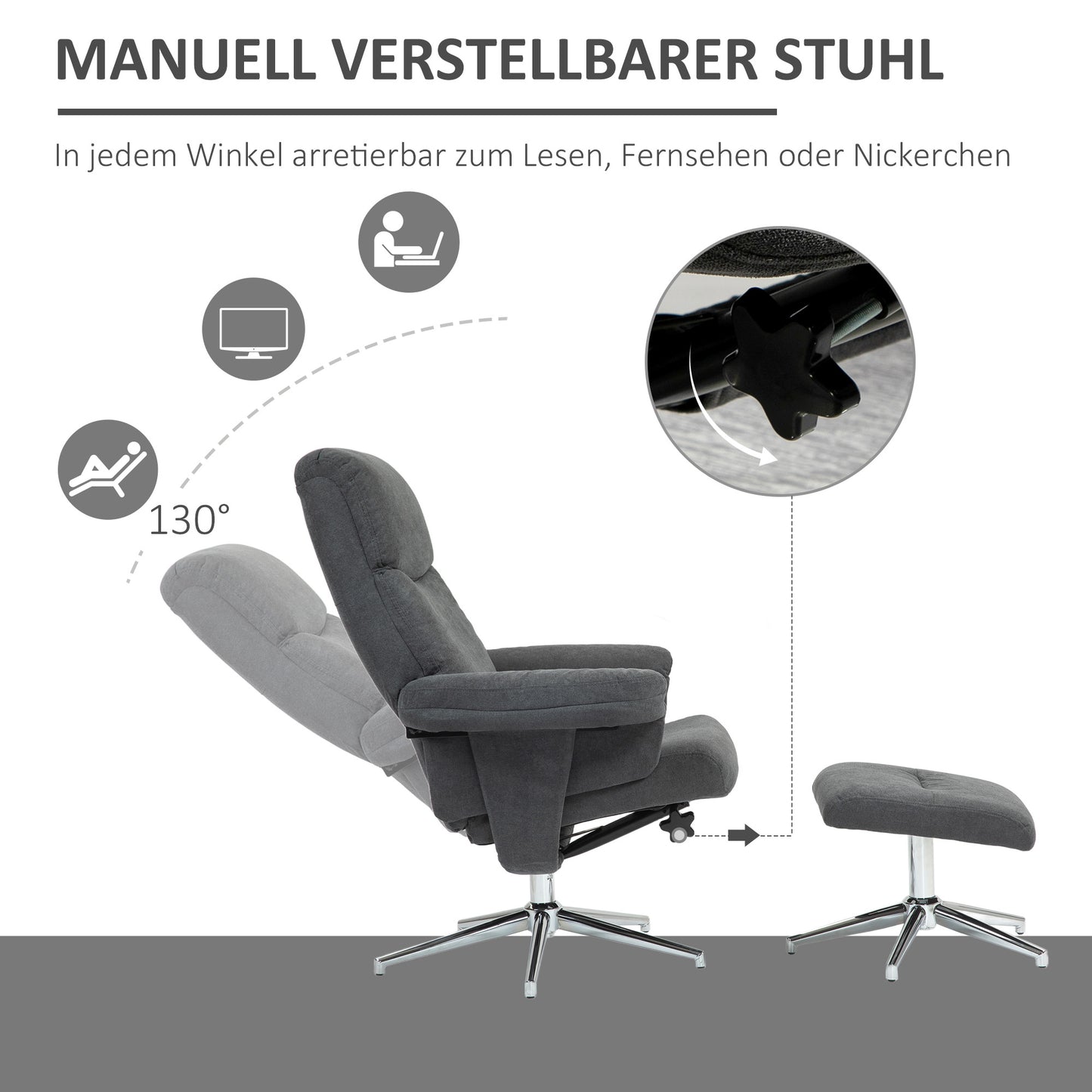 HOMCOM Relaxsessel mit Hocker, verstellbare Rückenlehne, Samtoptik, bis 150 kg, Anthrazit