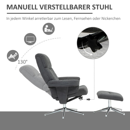 HOMCOM Relaxsessel mit Hocker, verstellbare Rückenlehne, Samtoptik, bis 150 kg, Anthrazit